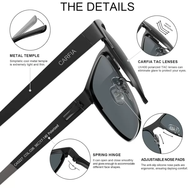 CARFIA Metal Trendy Square Polarized Sunglasses for Men UV400 Protection Driving Golfing Outdoor Eyewear CA5227Black Frame Black  Grey Lens