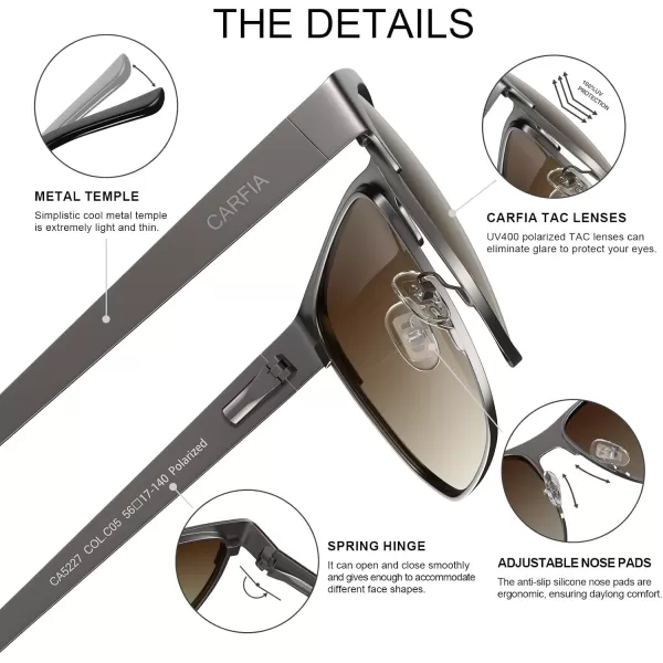 CARFIA Metal Trendy Square Polarized Sunglasses for Men UV400 Protection Driving Golfing Outdoor Eyewear CA5227Black Gun Gradient Brown Lens