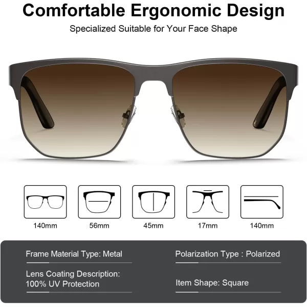 CARFIA Metal Trendy Square Polarized Sunglasses for Men UV400 Protection Driving Golfing Outdoor Eyewear CA5227Black Gun Gradient Brown Lens