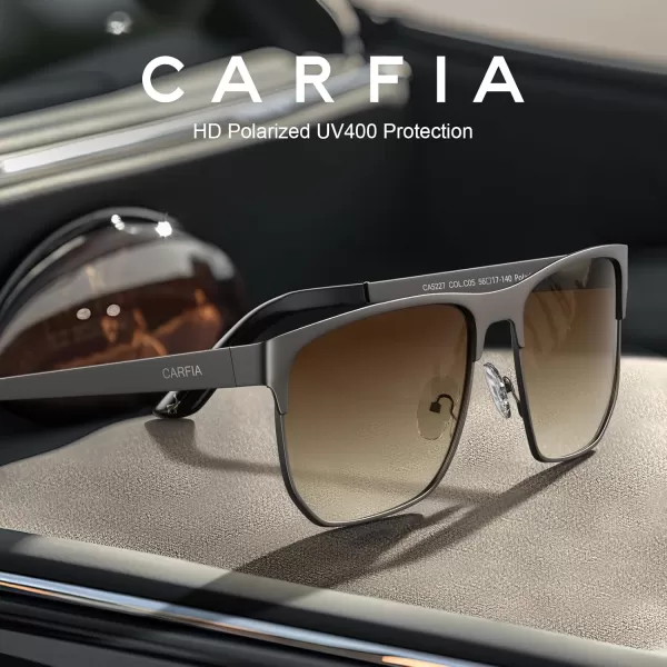CARFIA Metal Trendy Square Polarized Sunglasses for Men UV400 Protection Driving Golfing Outdoor Eyewear CA5227Black Gun Gradient Brown Lens