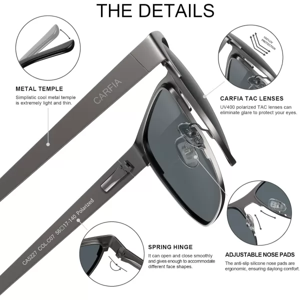 CARFIA Metal Trendy Square Polarized Sunglasses for Men UV400 Protection Driving Golfing Outdoor Eyewear CA5227Black Gun Gradient Grey Lens