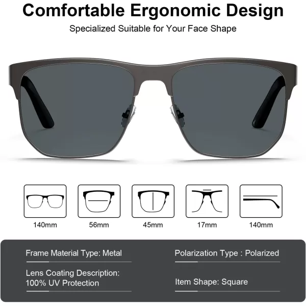 CARFIA Metal Trendy Square Polarized Sunglasses for Men UV400 Protection Driving Golfing Outdoor Eyewear CA5227Black Gun Gradient Grey Lens