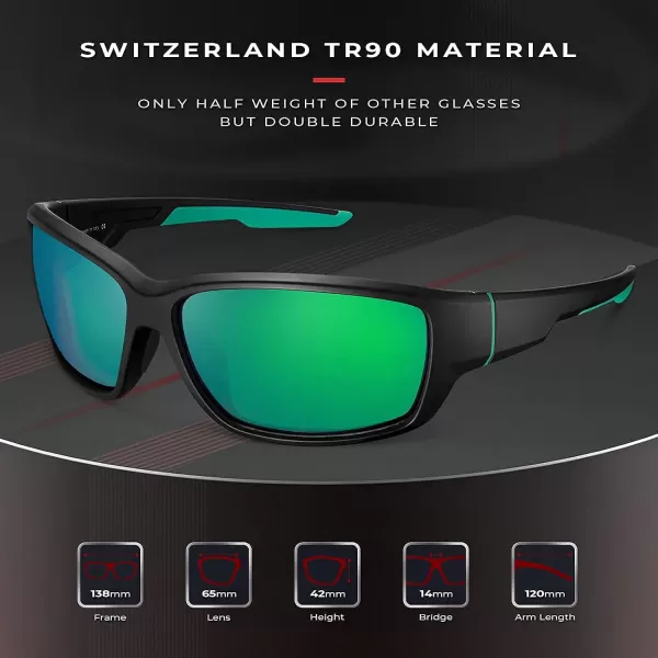 CARFIA Polarized Sport Sunglasses for Men Cycling Fishing Running Golf Baseball Glasses Unbreakable Imported TR90 FrameA1 Matte Black Frame Green Mirror
