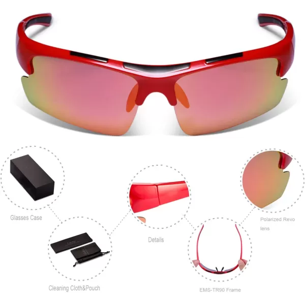 CARFIA Polarized Sports Sunglasses Cycling Running Fishing Sunglasses for Men Women Ultralight Comfy Tr90 Frame 047Red Mirror