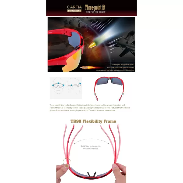 CARFIA Polarized Sports Sunglasses Cycling Running Fishing Sunglasses for Men Women Ultralight Comfy Tr90 Frame 047Red Mirror