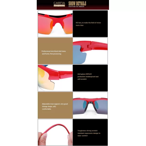 CARFIA Polarized Sports Sunglasses Cycling Running Fishing Sunglasses for Men Women Ultralight Comfy Tr90 Frame 047Red Mirror