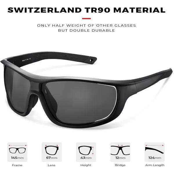 CARFIA Polarized Sports Sunglasses for Men and Women TR90 Lightweight Cool Frame Driving Cycling Running Fishing EyewearA2 Gray Polarized Lens Black Frame