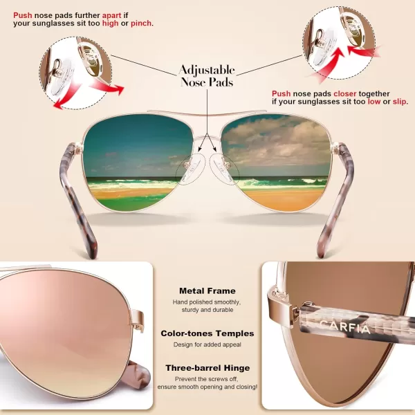 CARFIA Polarized Sunglasses for Women UV Protection Acetate Arms Metal Frame Womans Shades CA32162 Pink Flash Mirror Tortoise Arm