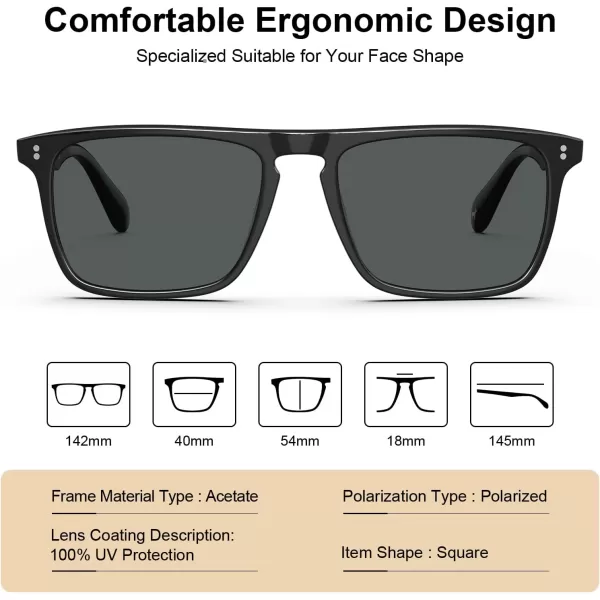 CARFIA Retro Polarized Sunglasses for Men UV Protection Handcrafted Acetate Frame Fashion Cool Sun Glasses CA535721 Black Frame Grey Lens