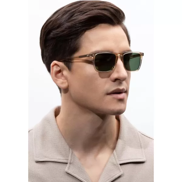 CARFIA Retro Polarized Sunglasses for Men UV Protection Handcrafted Acetate Frame Fashion Cool Sun Glasses CA535722 Transparent Tea Frame Green Lens