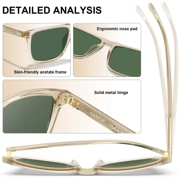 CARFIA Retro Polarized Sunglasses for Men UV Protection Handcrafted Acetate Frame Fashion Cool Sun Glasses CA535722 Transparent Tea Frame Green Lens