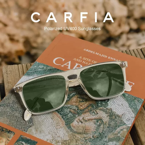 CARFIA Retro Polarized Sunglasses for Men UV Protection Handcrafted Acetate Frame Fashion Cool Sun Glasses CA535722 Transparent Tea Frame Green Lens
