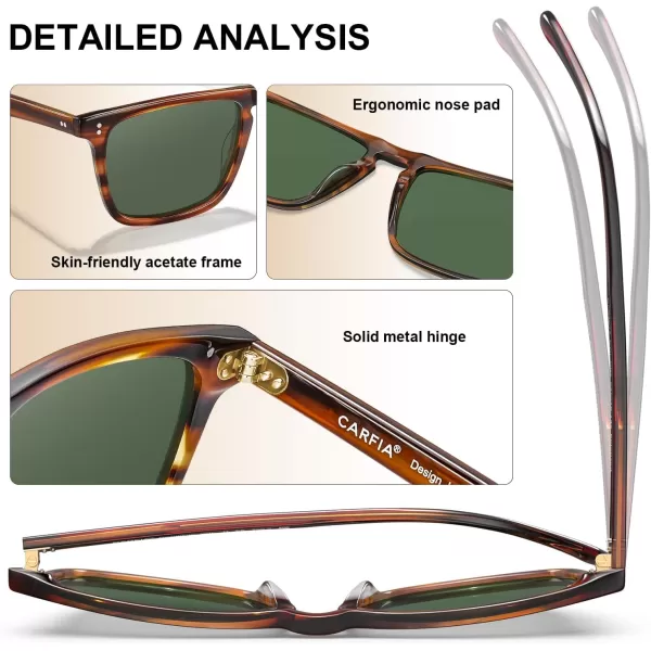 CARFIA Retro Polarized Sunglasses for Men UV Protection Handcrafted Acetate Frame Fashion Cool Sun Glasses CA535723 Brown Striped Frame Green Lens