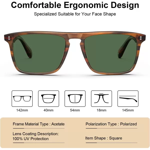 CARFIA Retro Polarized Sunglasses for Men UV Protection Handcrafted Acetate Frame Fashion Cool Sun Glasses CA535723 Brown Striped Frame Green Lens