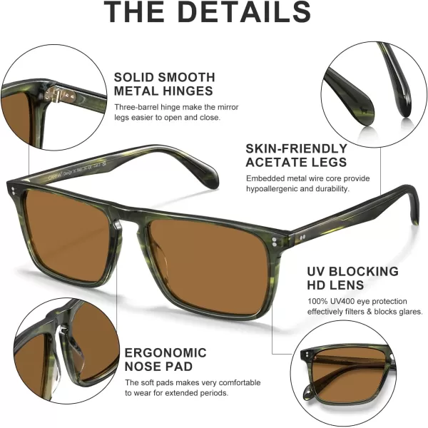 CARFIA Retro Polarized Sunglasses for Men UV Protection Handcrafted Acetate Frame Fashion Cool Sun Glasses CA535724 Green Striped Frame Brown Lens