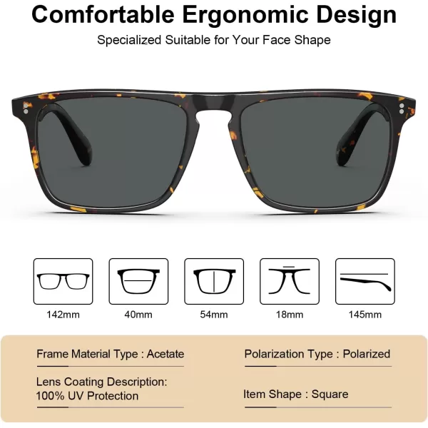 CARFIA Retro Polarized Sunglasses for Men UV Protection Handcrafted Acetate Frame Fashion Cool Sun Glasses CA535725 Tortoise Frame Grey Lens