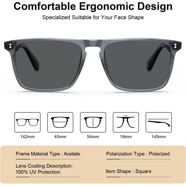 CARFIA Retro Polarized Sunglasses for Men UV Protection Handcrafted Acetate Frame Fashion Cool Sun Glasses CA535726 Transparent Grey Frame Grey Lens