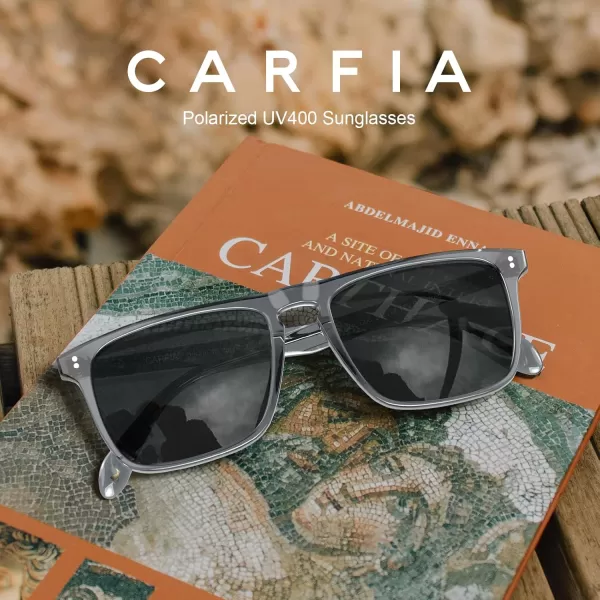 CARFIA Retro Polarized Sunglasses for Men UV Protection Handcrafted Acetate Frame Fashion Cool Sun Glasses CA535726 Transparent Grey Frame Grey Lens