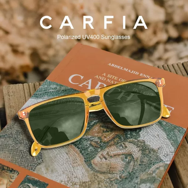 CARFIA Retro Polarized Sunglasses for Men UV Protection Handcrafted Acetate Frame Fashion Cool Sun Glasses CA535727 Transparent Yellow Frame Green Lens