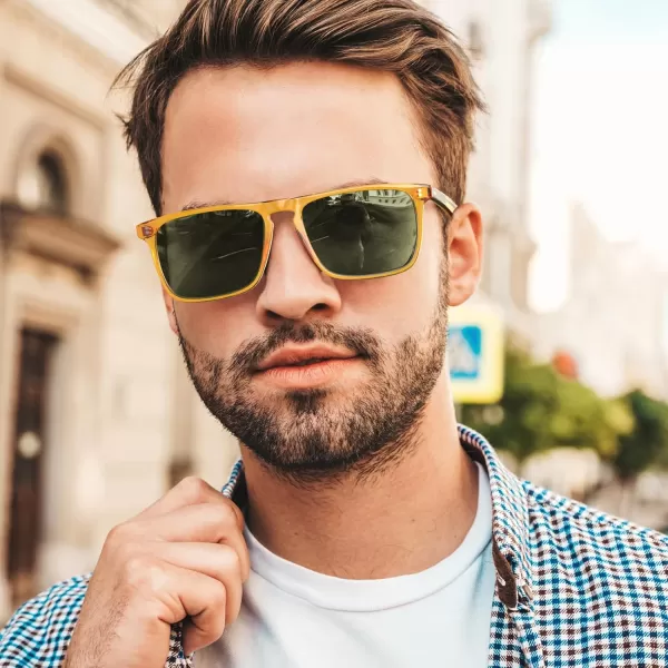 CARFIA Retro Polarized Sunglasses for Men UV Protection Handcrafted Acetate Frame Fashion Cool Sun Glasses CA535727 Transparent Yellow Frame Green Lens