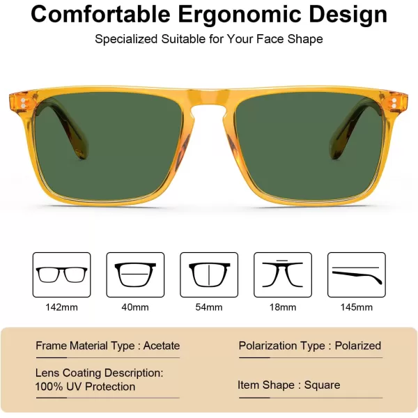 CARFIA Retro Polarized Sunglasses for Men UV Protection Handcrafted Acetate Frame Fashion Cool Sun Glasses CA535727 Transparent Yellow Frame Green Lens