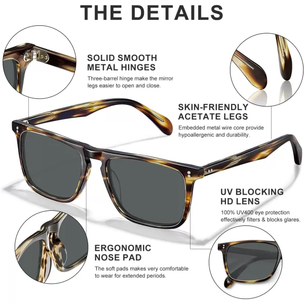 CARFIA Retro Polarized Sunglasses for Men UV Protection Handcrafted Acetate Frame Fashion Cool Sun Glasses CA5357281 Tortoise Frame Grey Lens