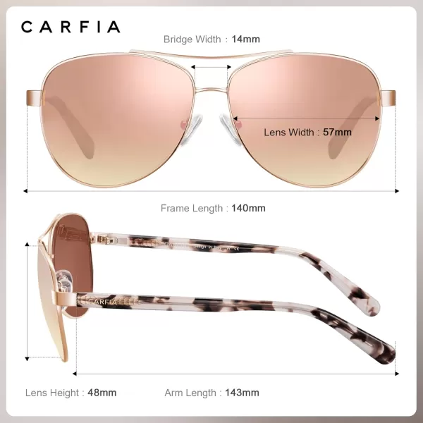 CARFIA Retro Trendy Pilot Sunglasses for Women Polarized UV Protection Lightweight Outdoor Driving Lady Sunnies Metal Frame5 Rose Gold Frame Pink Mirrored