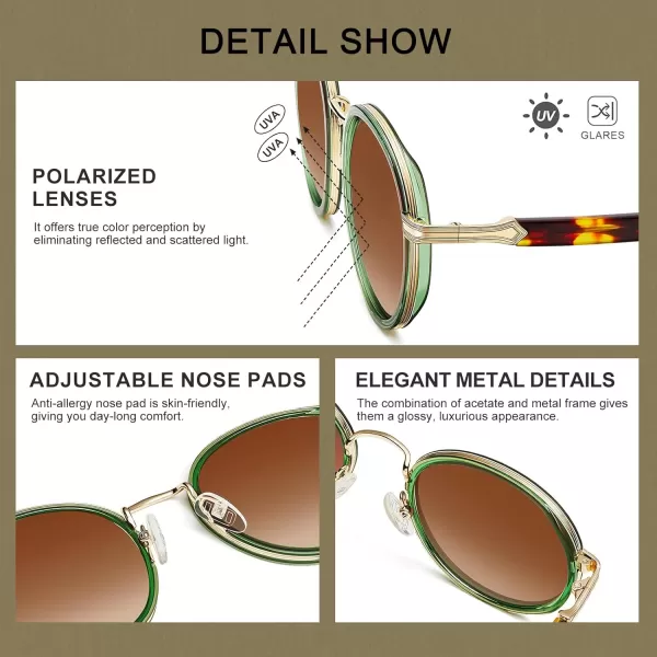 CARFIA Round Polarized Sunglasses for Women AcetateMetal Frame UV Protection Stylish Designer Eyewear CA19511 Translucent Green Frame  Gradual Brown Lens