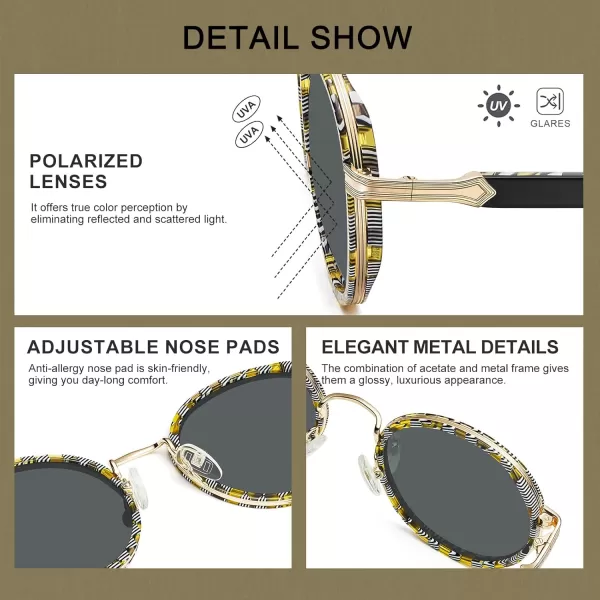 CARFIA Round Polarized Sunglasses for Women AcetateMetal Frame UV Protection Stylish Designer Eyewear CA1951Black  White and Yellow Checkered Line Frame