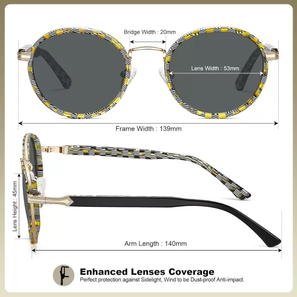 CARFIA Round Polarized Sunglasses for Women AcetateMetal Frame UV Protection Stylish Designer Eyewear CA1951Black  White and Yellow Checkered Line Frame