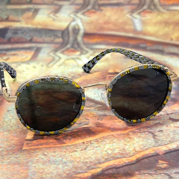 CARFIA Round Polarized Sunglasses for Women AcetateMetal Frame UV Protection Stylish Designer Eyewear CA1951Black  White and Yellow Checkered Line Frame
