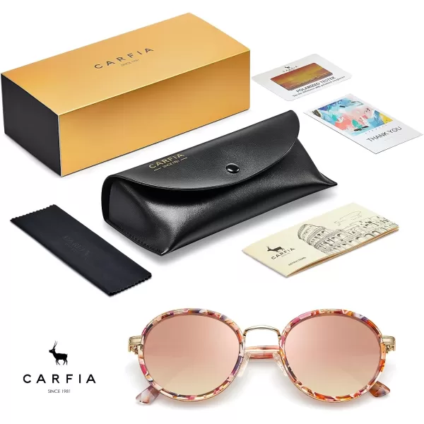 CARFIA Round Polarized Sunglasses for Women AcetateMetal Frame UV Protection Stylish Designer Eyewear CA1951Flower Tortoiseshell Frame  Pink Mirror