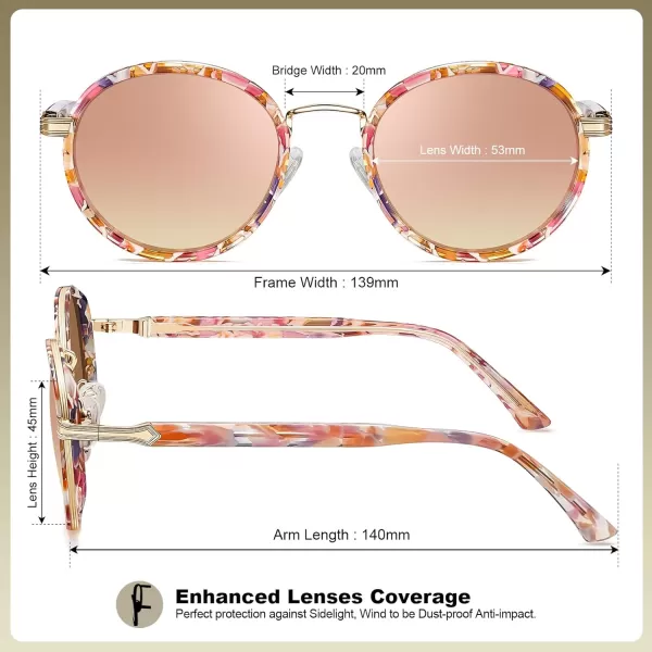 CARFIA Round Polarized Sunglasses for Women AcetateMetal Frame UV Protection Stylish Designer Eyewear CA1951Flower Tortoiseshell Frame  Pink Mirror