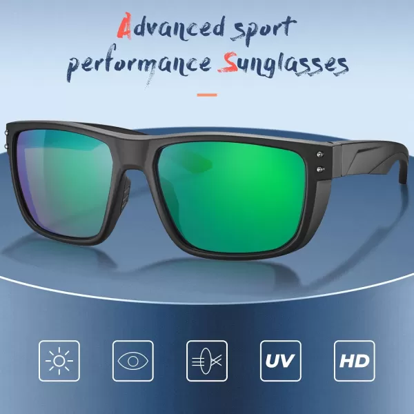 CARFIA Sport Cycling Polarized Sunglasses for Men Driving Fishing Hiking Boating Square Wrapround GlassesBlack Frame Green Mirror