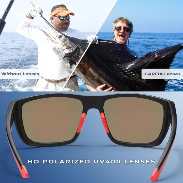 CARFIA Sport Cycling Polarized Sunglasses for Men Driving Fishing Hiking Boating Square Wrapround GlassesBlack Frame Red Mirror