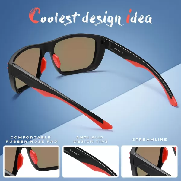 CARFIA Sport Cycling Polarized Sunglasses for Men Driving Fishing Hiking Boating Square Wrapround GlassesBlack Frame Red Mirror