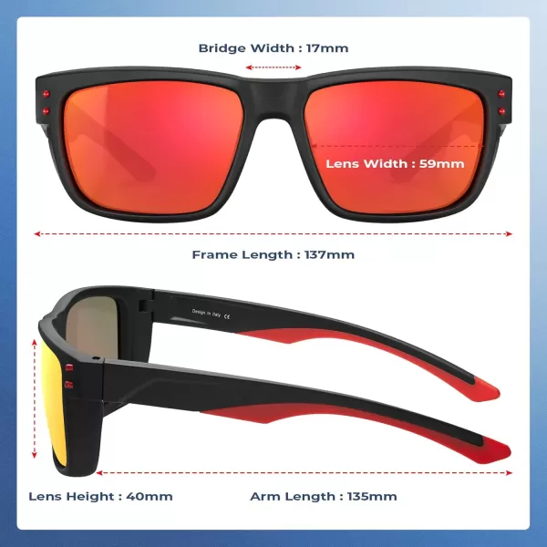 CARFIA Sport Cycling Polarized Sunglasses for Men Driving Fishing Hiking Boating Square Wrapround GlassesBlack Frame Red Mirror