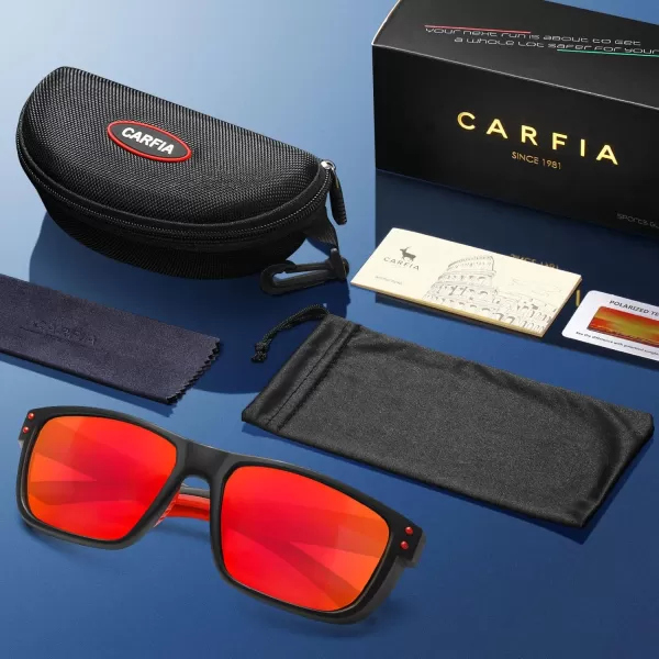 CARFIA Sport Cycling Polarized Sunglasses for Men Driving Fishing Hiking Boating Square Wrapround GlassesBlack Frame Red Mirror