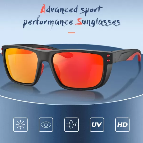 CARFIA Sport Cycling Polarized Sunglasses for Men Driving Fishing Hiking Boating Square Wrapround GlassesBlack Frame Red Mirror
