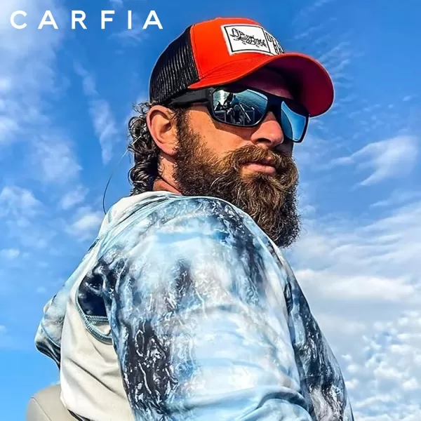 CARFIA Sport Cycling Polarized Sunglasses for Men Driving Fishing Hiking Boating Square Wrapround GlassesStripe Frame Ice Blue Mirror