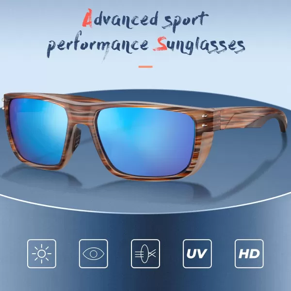 CARFIA Sport Cycling Polarized Sunglasses for Men Driving Fishing Hiking Boating Square Wrapround GlassesStripe Frame Ice Blue Mirror