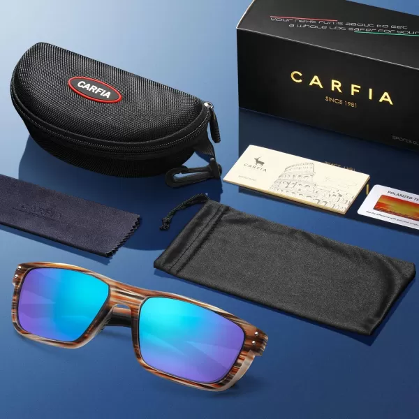 CARFIA Sport Cycling Polarized Sunglasses for Men Driving Fishing Hiking Boating Square Wrapround GlassesStripe Frame Ice Blue Mirror