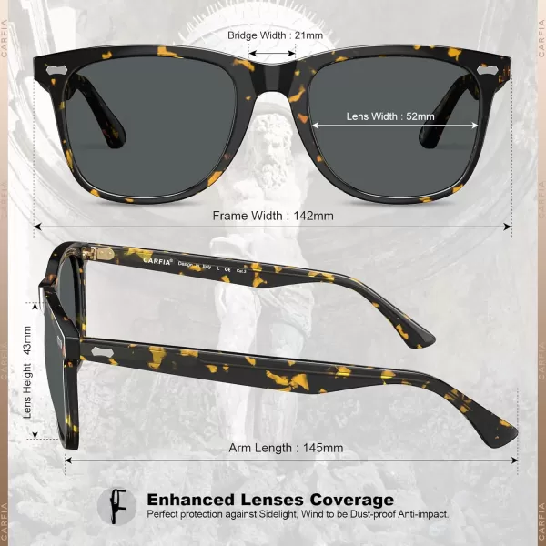CARFIA Square Polarized Sunglasses for Men UV400 Protection Retro Acetate Italian Handcrafted Driving Shades2tortoise Frame Grey Lens