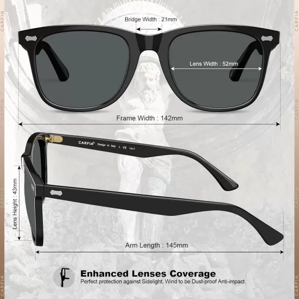 CARFIA Square Polarized Sunglasses for Men UV400 Protection Retro Acetate Italian Handcrafted Driving Shades3black Frame Grey Lens