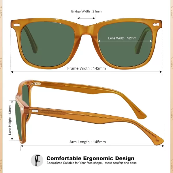 CARFIA Square Polarized Sunglasses for Men UV400 Protection Retro Acetate Italian Handcrafted Driving Shades4orange Frame Green Lenses