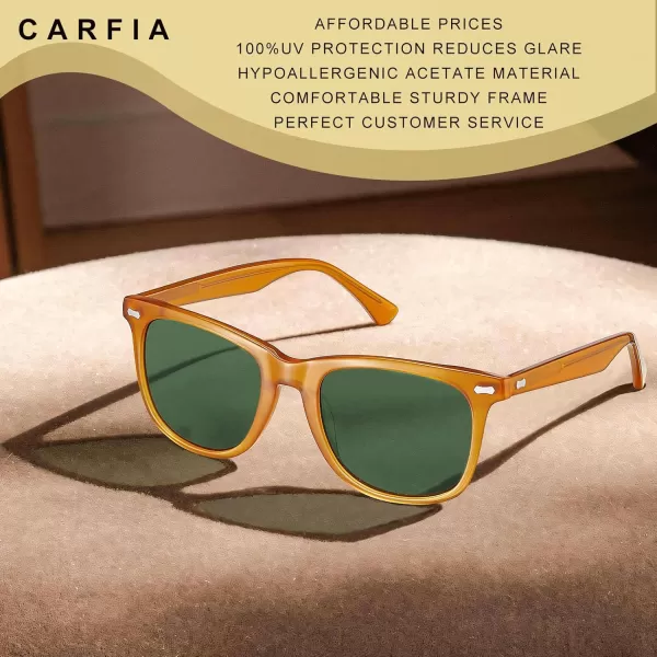 CARFIA Square Polarized Sunglasses for Men UV400 Protection Retro Acetate Italian Handcrafted Driving Shades4orange Frame Green Lenses