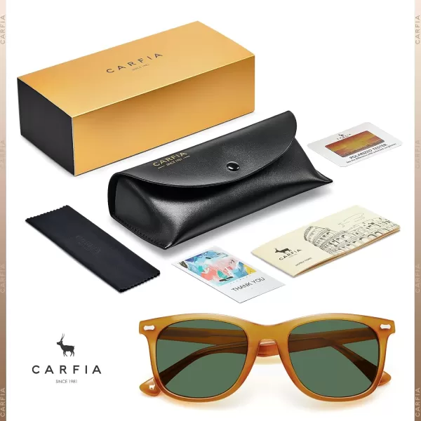 CARFIA Square Polarized Sunglasses for Men UV400 Protection Retro Acetate Italian Handcrafted Driving Shades4orange Frame Green Lenses