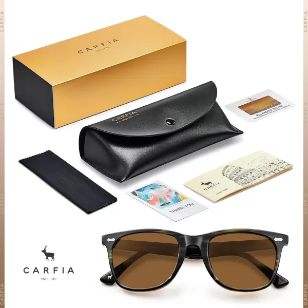 CARFIA Square Polarized Sunglasses for Men UV400 Protection Retro Acetate Italian Handcrafted Driving Shades5green Stripe Frame Brown Lens