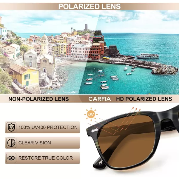 CARFIA Square Polarized Sunglasses for Men UV400 Protection Retro Acetate Italian Handcrafted Driving Shades5green Stripe Frame Brown Lens