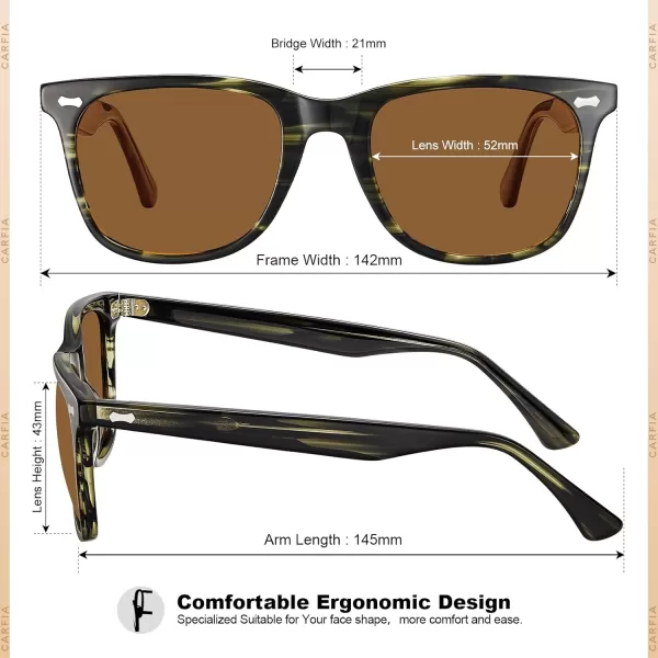 CARFIA Square Polarized Sunglasses for Men UV400 Protection Retro Acetate Italian Handcrafted Driving Shades5green Stripe Frame Brown Lens